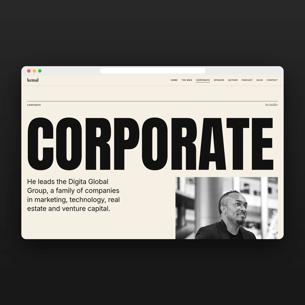 The Corporate page of kemalbrown.com in a desktop browser