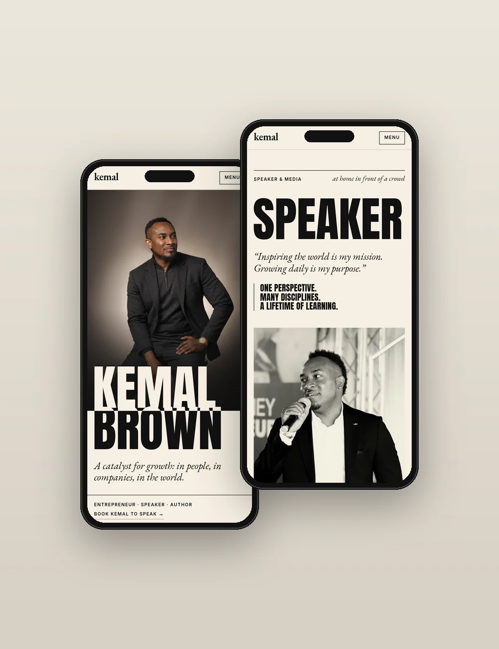 kemalbrown.com home and Speaker pages on two phones