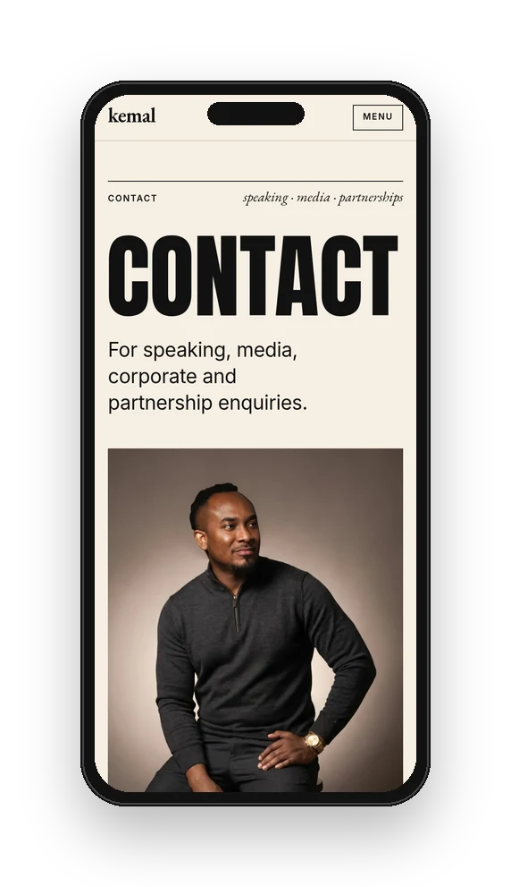 The Contact page of kemalbrown.com on a phone