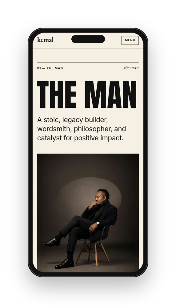 The Man page of kemalbrown.com on a phone