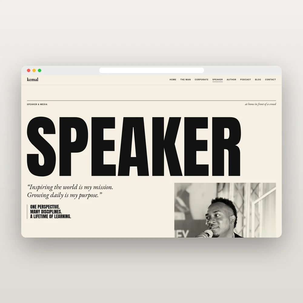 The Speaker page of kemalbrown.com in a desktop browser